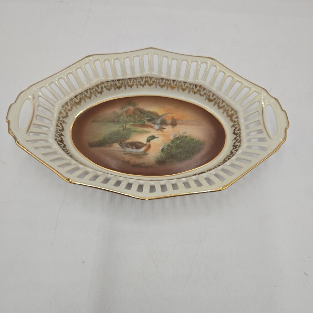 Antique Pierced Edge Bavarian Crown Duck Scene 7" Serving Dish Made in Germany